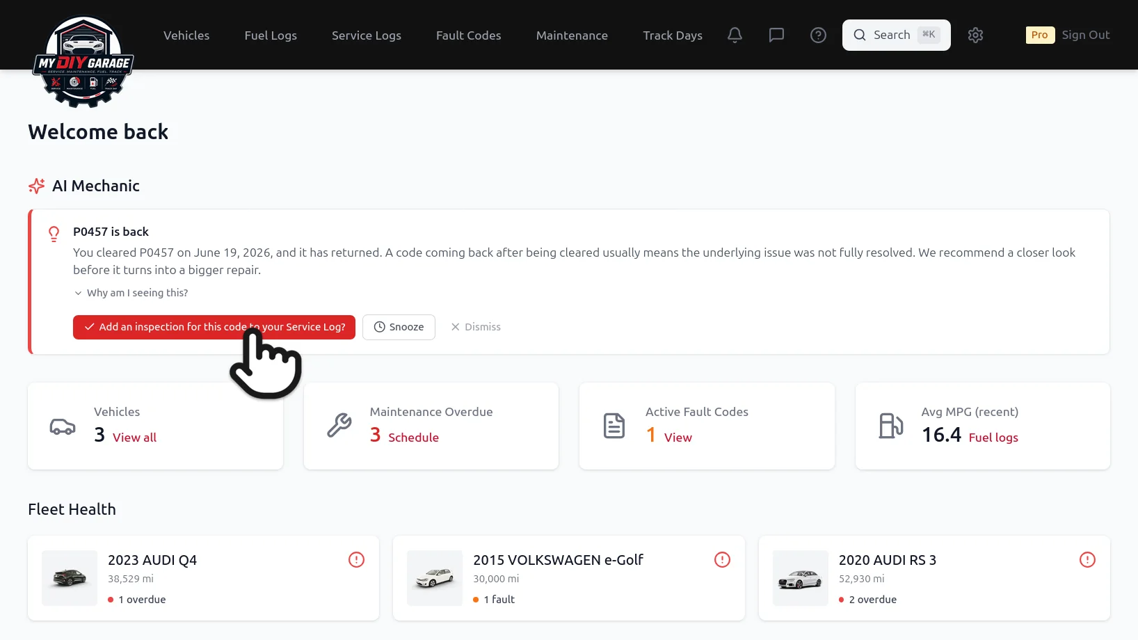 MyDIYGarage AI Mechanic insight card on the dashboard flagging that fault code P0457 has returned, with an Add an inspection to your Service Log button