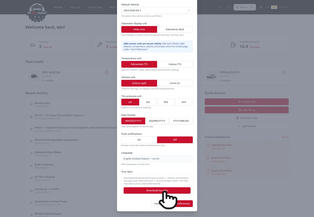 MyDIYGarage Preferences screen with a 'Your data' section and a 'Download my data' button to export your entire account