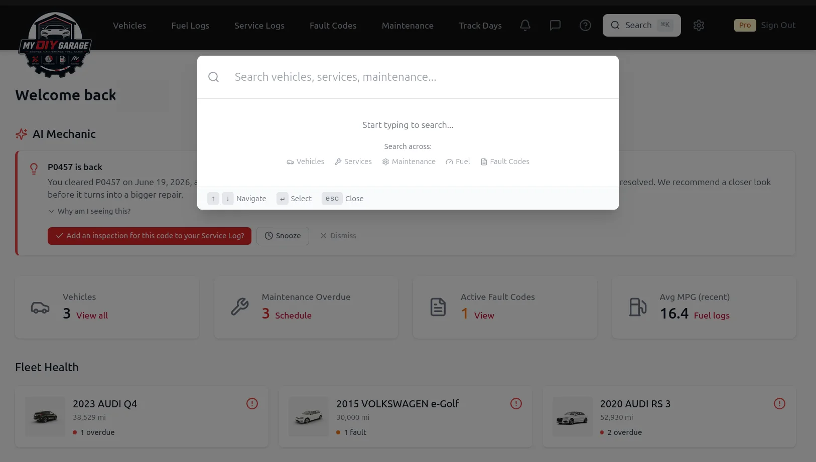MyDIYGarage global search open on the dashboard — one box searching across vehicles, services, maintenance, fuel, and fault codes