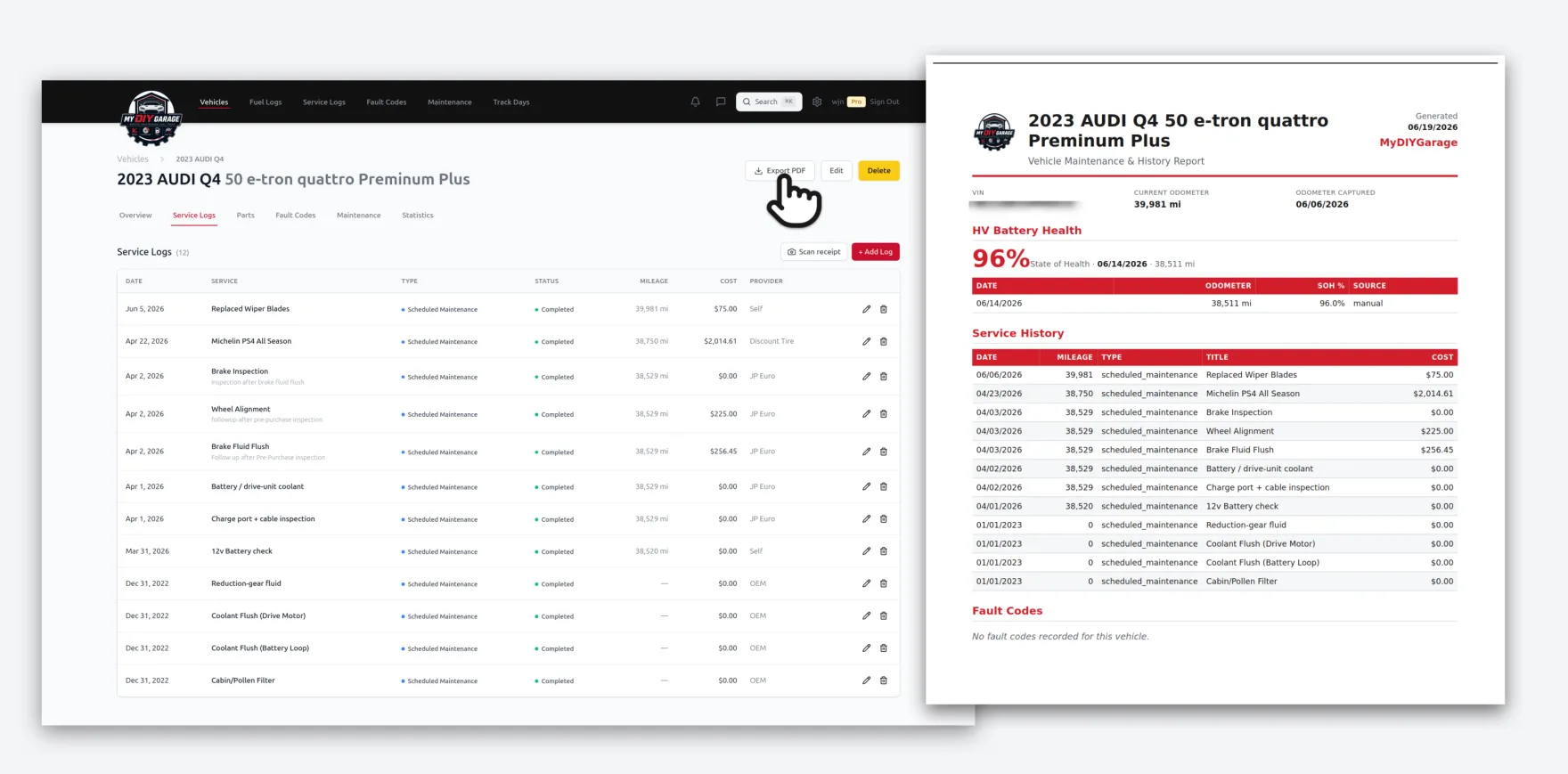 MyDIYGarage with a cursor clicking the 'Export PDF' button on a vehicle's service log, beside the generated PDF — a dated Vehicle Maintenance & History Report with battery health, full service history, and fault codes ready to hand to a buyer