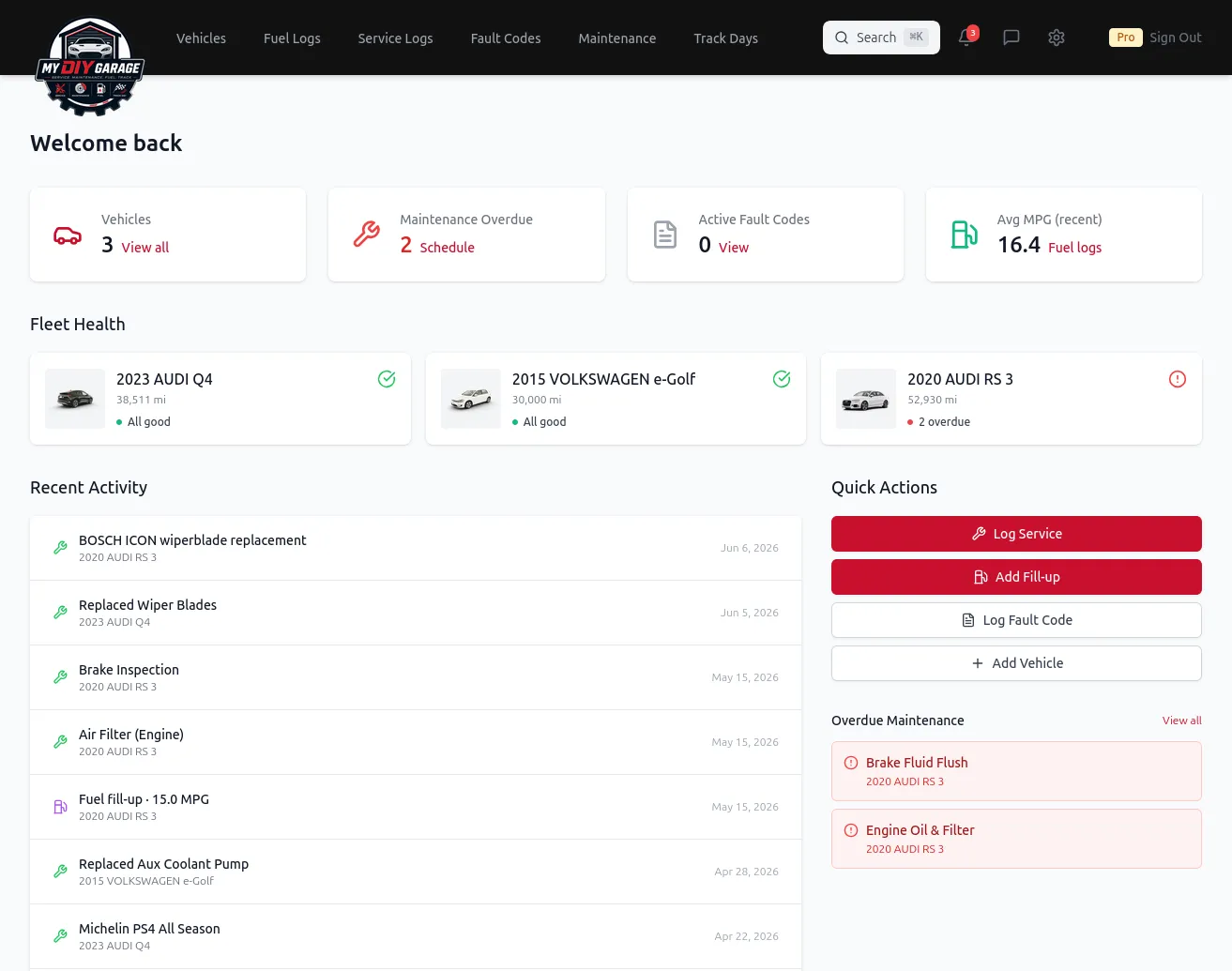 MyDIYGarage garage view showing multiple vehicles, each with a summary of its service, fuel, and fault-code history